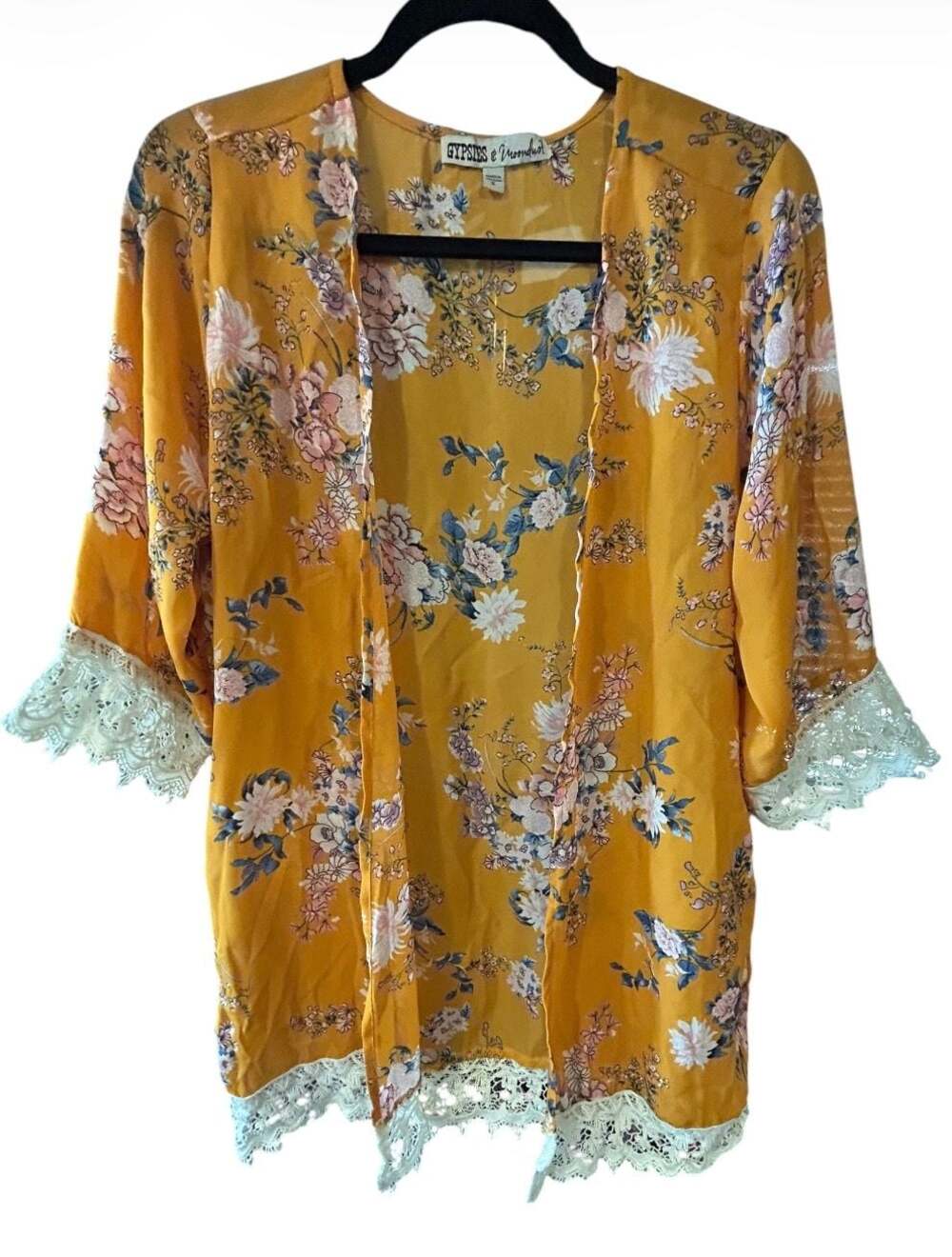 Gypsies & Moondust Yellow Floral Kimono Cardigan with Lace Trim Size S